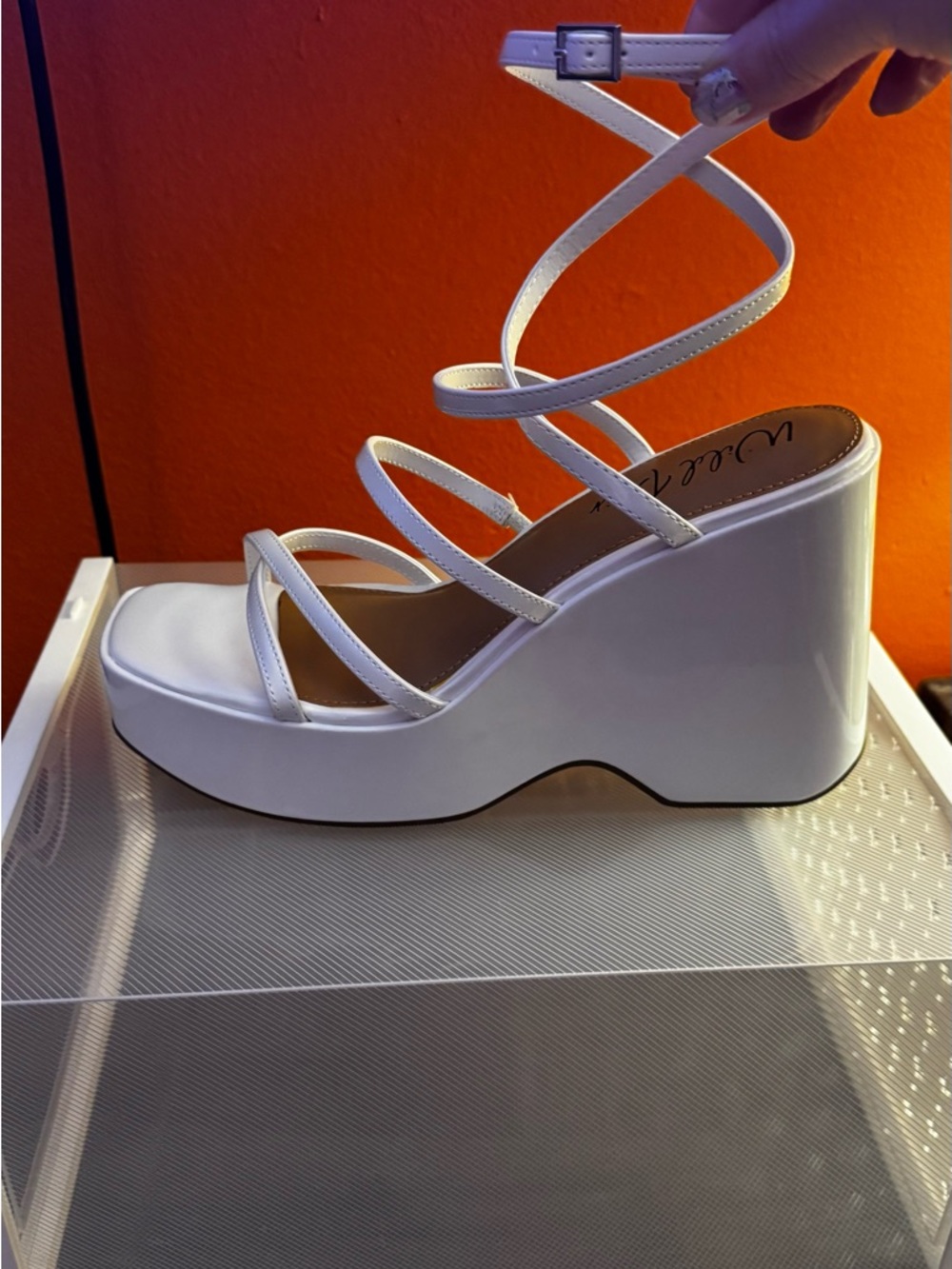 Wild Pair White Strappy Platform Wedge Sandals with Wrap-Around Ankle Straps